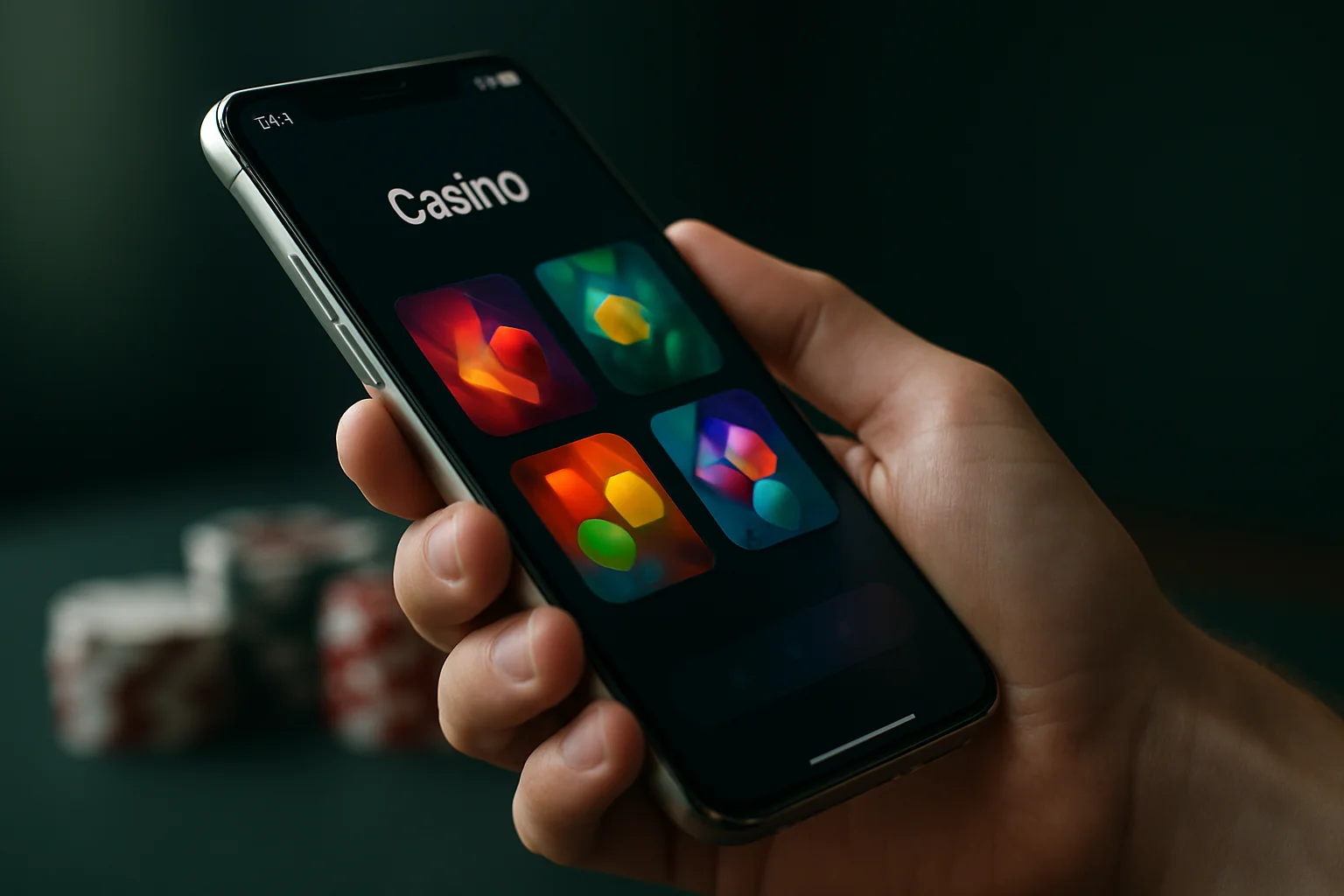 Flagship Android smartphone showing vivid casino app interface with blurred chips