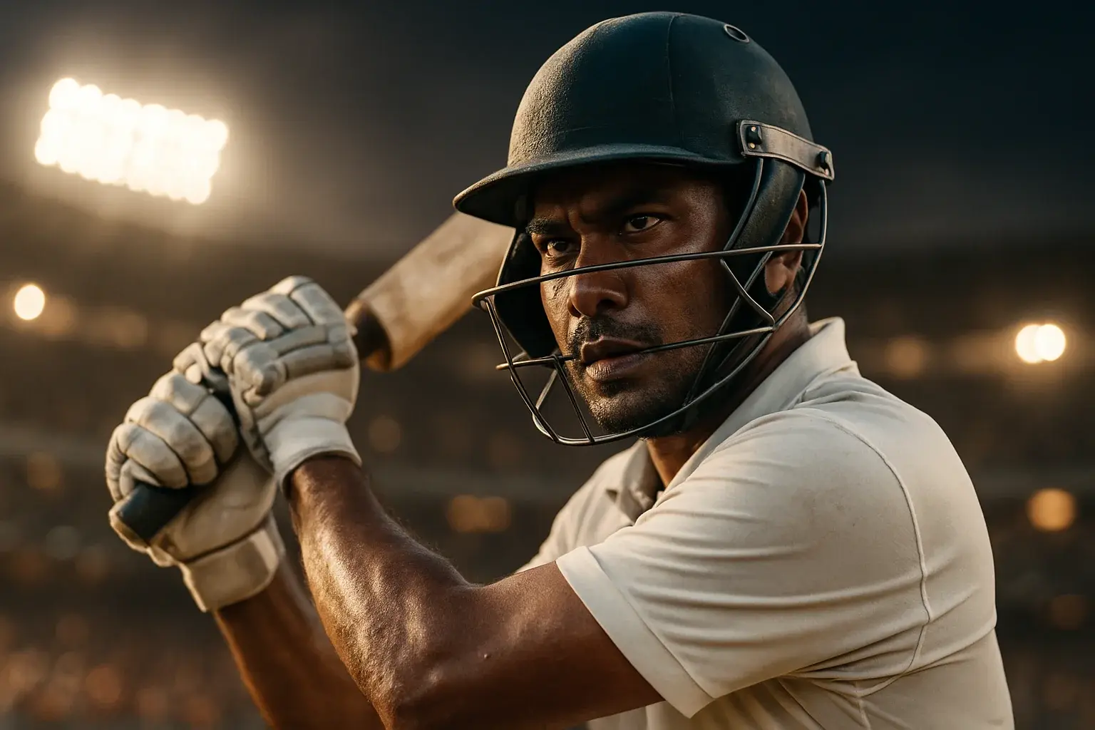 Hyperrealistic close-up of Bangladeshi cricket batsman swinging bat under stadium lights