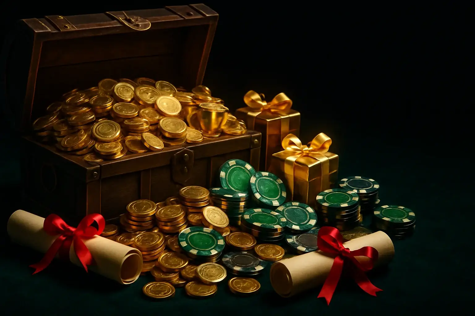 Overflowing treasure chest with gold coins, casino chips, vouchers, and gift boxes