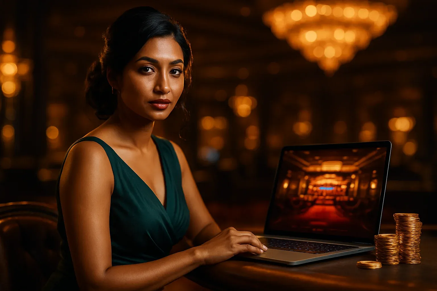 Elegant Bangladeshi woman in emerald gown at online casino lounge table