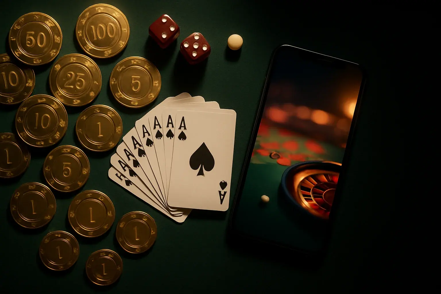 Top-down casino table with golden chips, cards, dice, roulette ball, smartphone