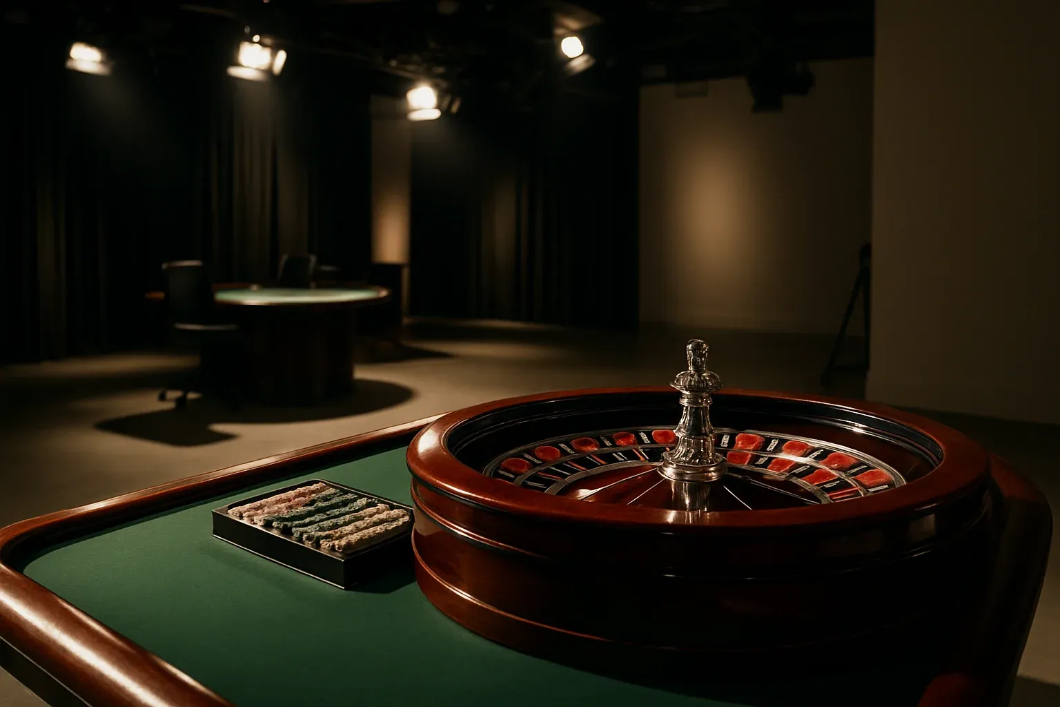 Hyperrealistic wide shot of empty roulette table in premium live casino studio