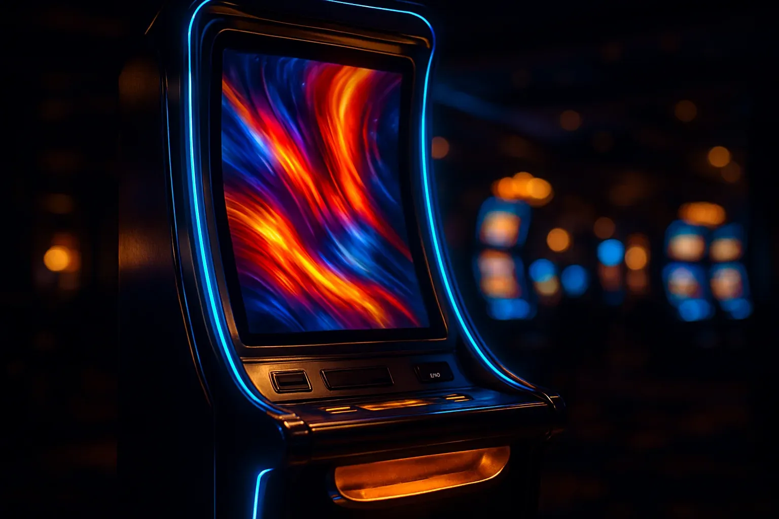 Hyperrealistic wide shot of premium slot machine in dark luxury casino